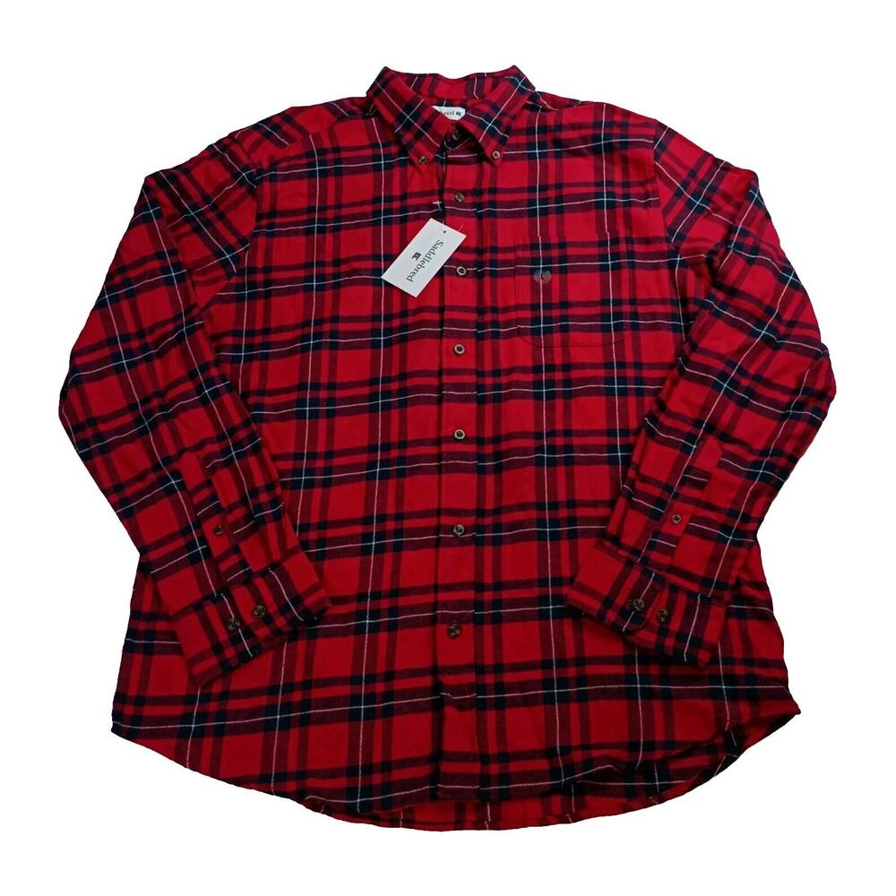 Saddlebred Flannel Shirt Men’s L Large Red Plaid Cotton Classic Fit Long Sleeve